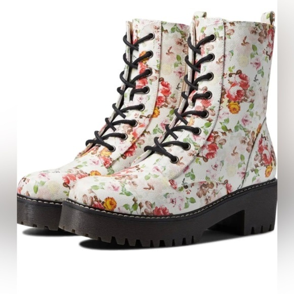 Unionbay White floral print rugged lug sole lace up combat moto boots size 10 - Picture 6 of 11